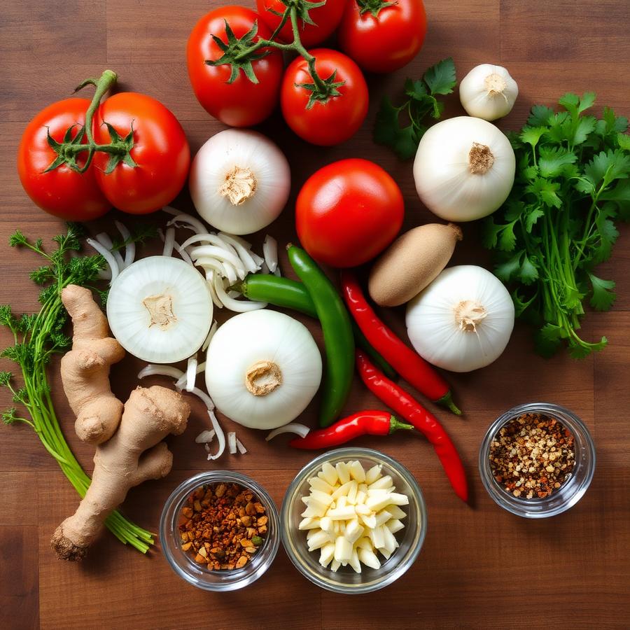 Fresh Indian ingredients laid out — tomatoes, onions, ginger, chilies, coriander