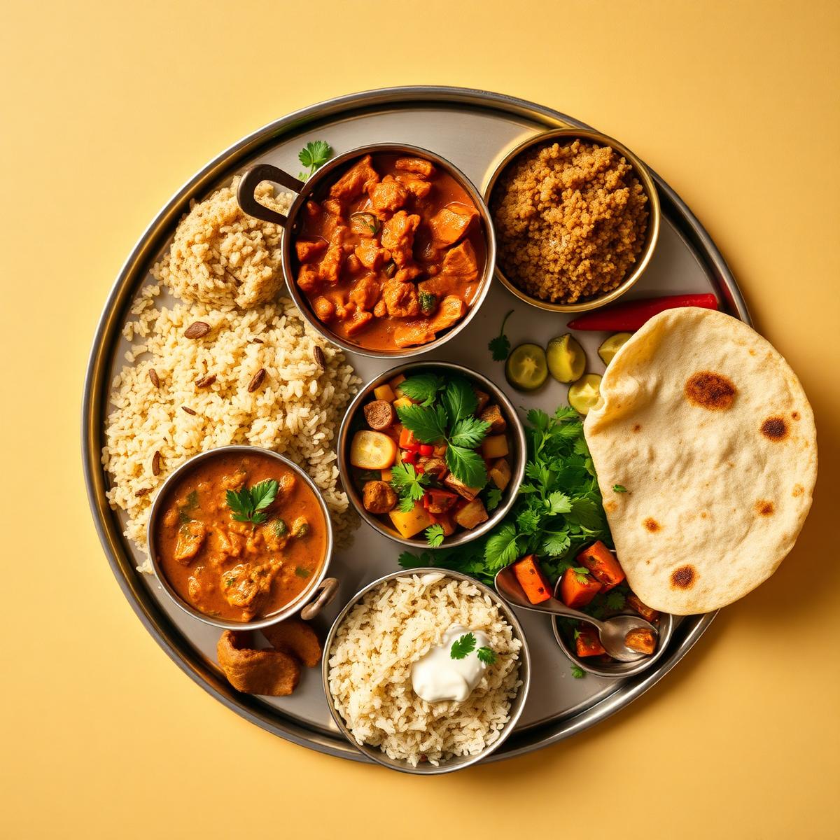 Home-style North Indian thali with curry, dal, rice and hot roti, freshly served
